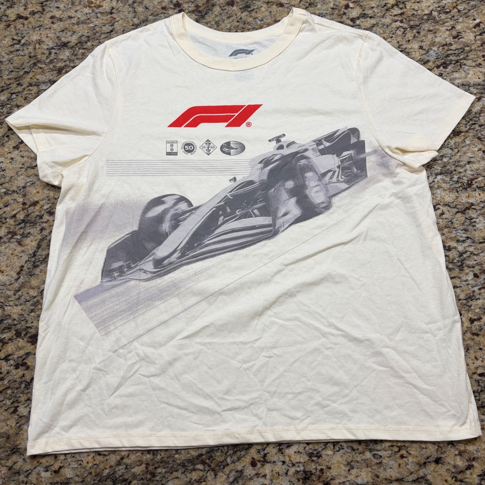 Formula 1 F1 Racing Graphic T-Shirt Mens XXL Cream Hybrid Apparel Short Sleeve
